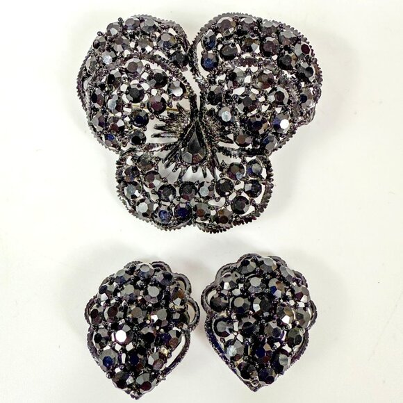 Weiss Black Pansy Rhinestone Brooch Clip-On Earrings Vintage Jewelry Set - Picture 1 of 7